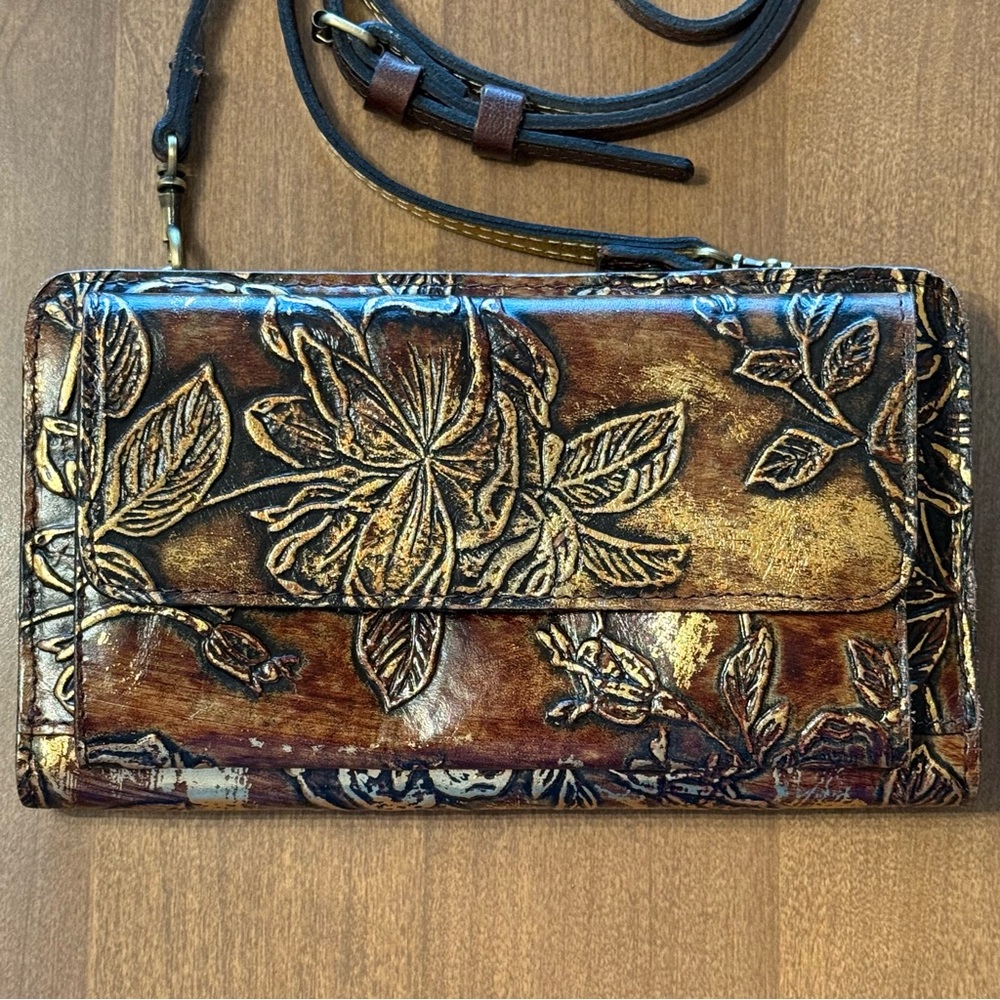 EUC Patricia Nash Azario Metallic Embossed Floral Leather Crossbody Clutch
